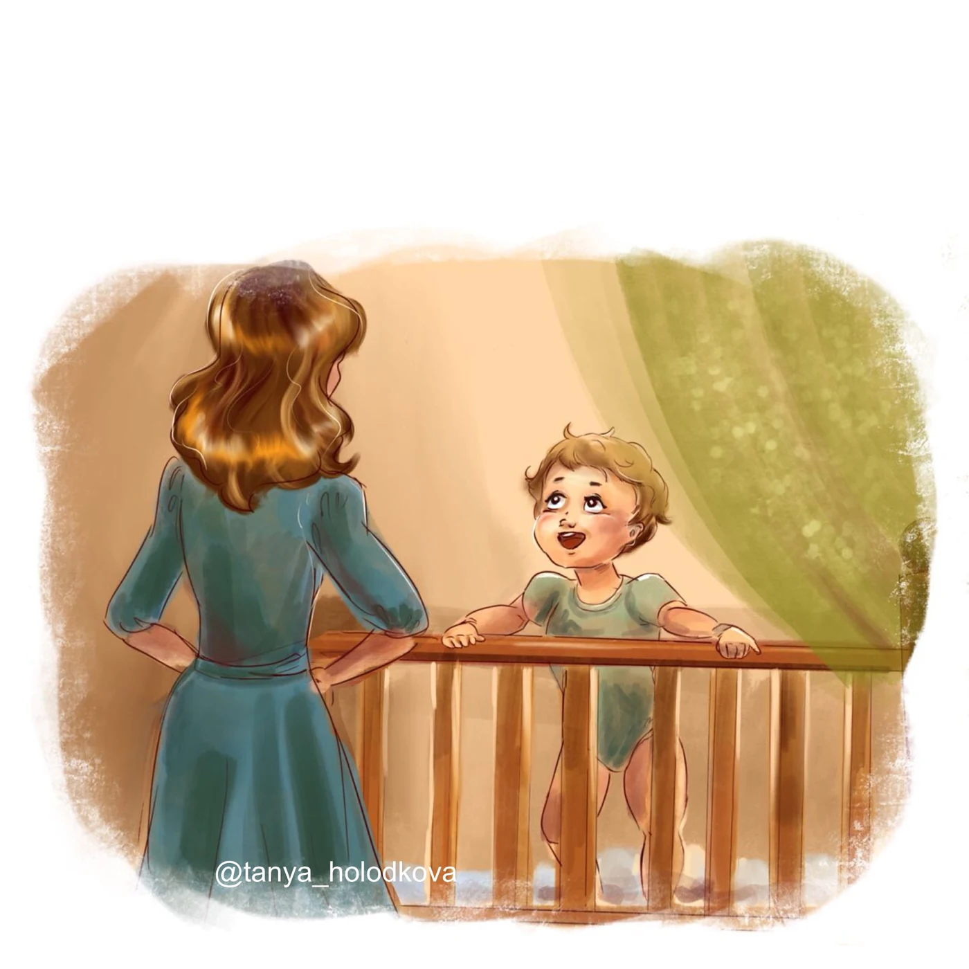Watercolor illustration of a parent calmly interacting with a child near a crib