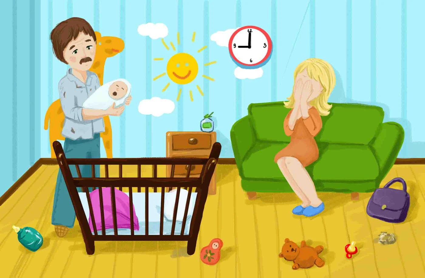 Illustration of an exhausted family with a baby at home